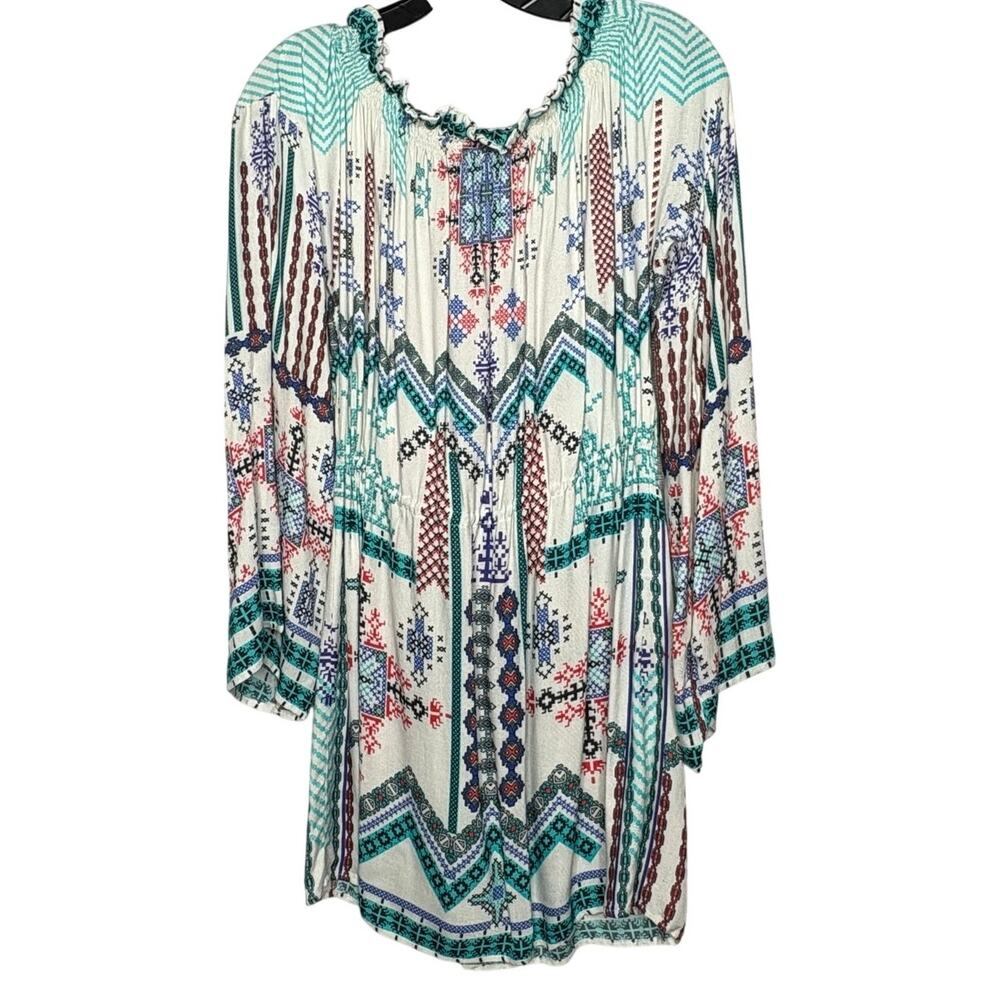 Hemant & Nandita Boho Off Sholder Embroidered Tassel Smocked Mini Dress Medium - Picture 2 of 15